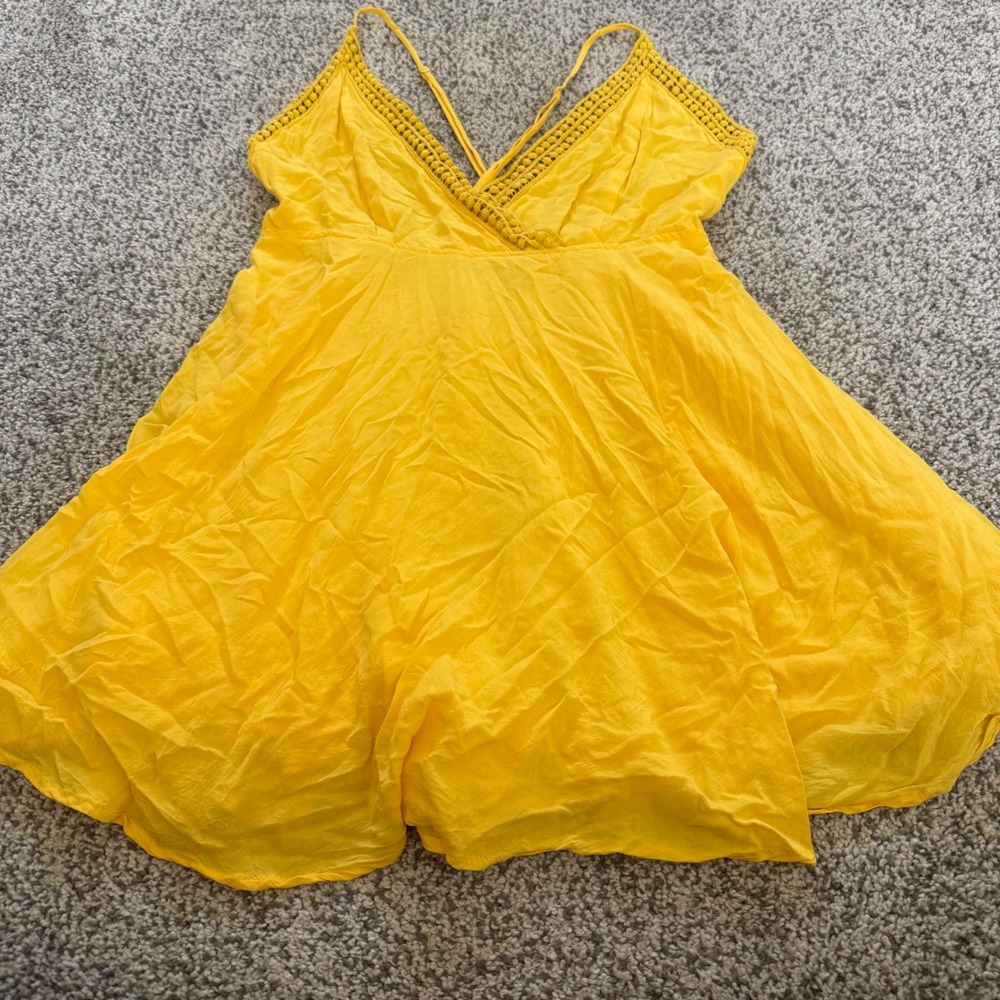 Womens Large Butter Yellow Crochet Trim Mini Dress Sun Dress V Neck Flowy fairy